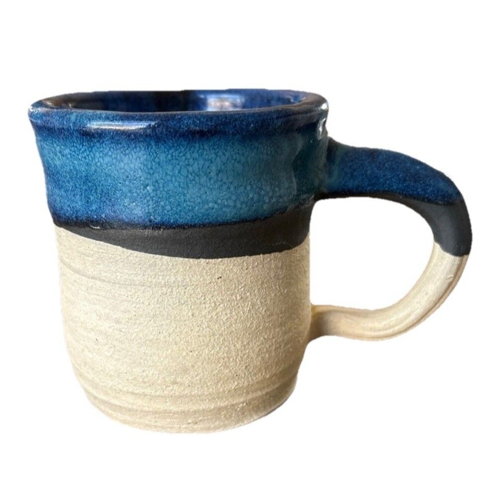 Vintage Hand Thrown Studio Art Pottery Stoneware  Coffee Mug Blue Glaze Signed